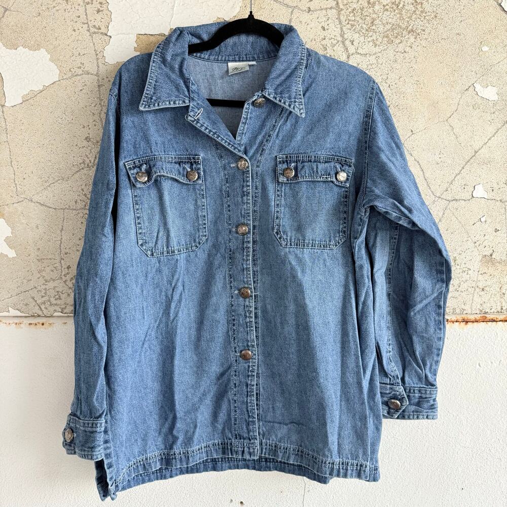 Vtg Denim Shirt Shacket Anchor Buttons 100% Cotton Made in USA Oversized Women L